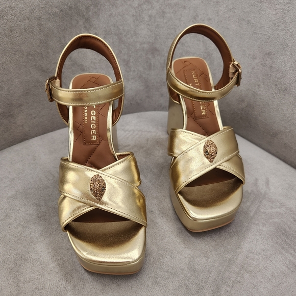 Kurt Geiger Shoes - Kurt Geiger Wedge Sandals 8.5 Gold Leather Kensington Cross Chunky Dress New$245